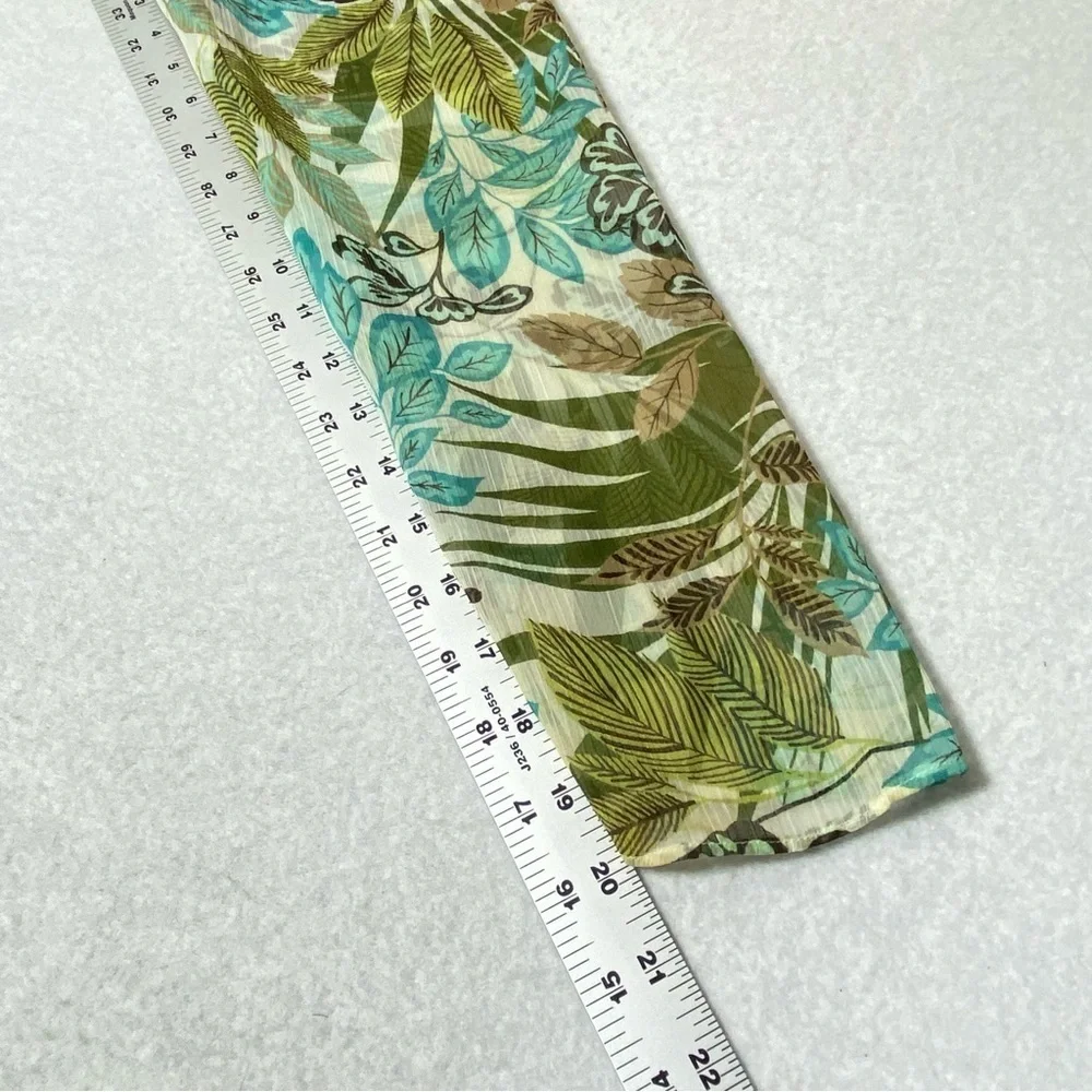 Loft Tropical Hawaiian Floral Top Womens L Green Sheer V Neck Long Sleeve Resort